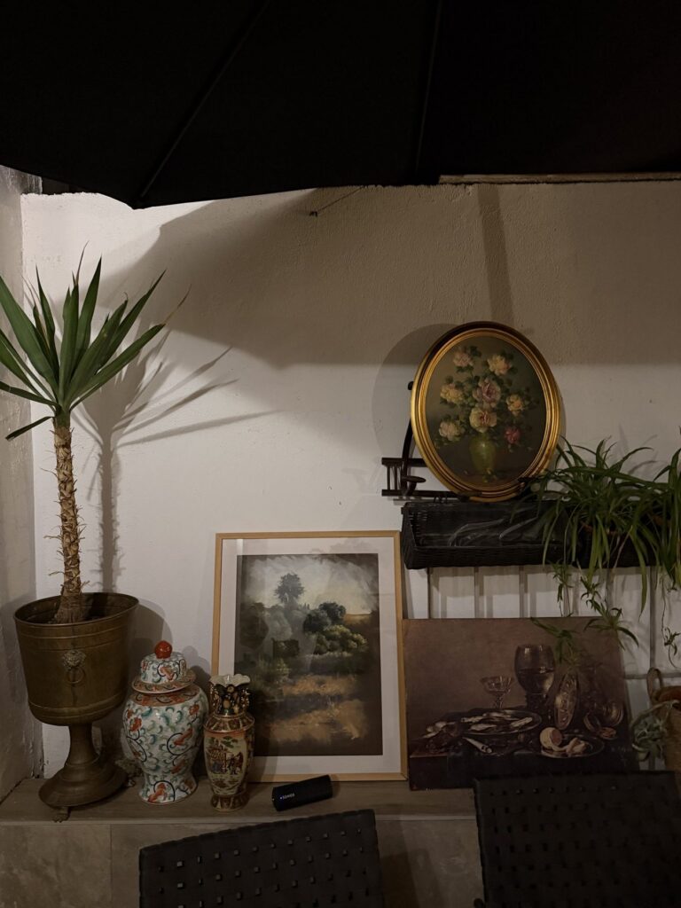 Pared con cuadros, una palmera y jarrones orientales